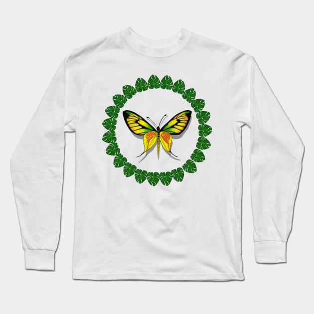 Yellow Butterfly in a Wreath of Tropical Leaves Long Sleeve T-Shirt by ArtAndBliss